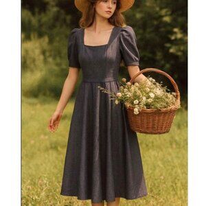 Who What Wear Denim Midi Dress M Cottagecore Prairie Modest Square Neck Belted
